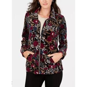 Karen Scott Floral Print Velour Jacket Women’s Size L Full Zip Soft Warm NWT‎